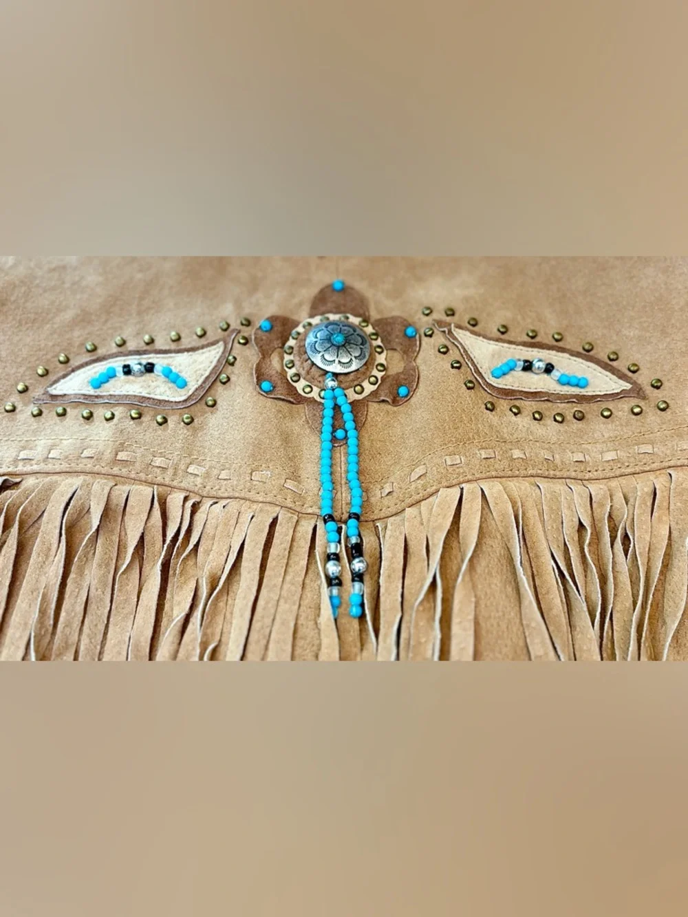 Via Accenti Fringe Suede Western Jacket in Tan with Turquoise & Beads, 22W - Picture 8 of 12